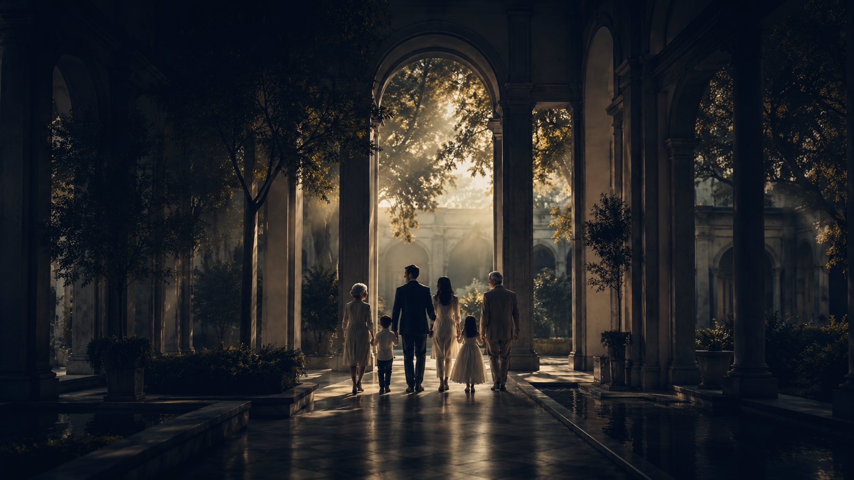 Three generations of a family walking together through a sunlit colonnade